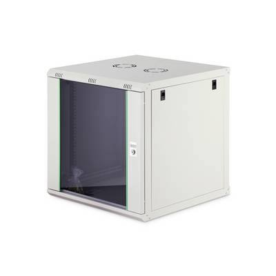 Ett litet, vitt serverrack med transparant frontpanel och låsbar dörr, lämpligt för förvaring av nätverksutrustning.