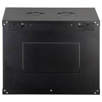 Svart serverrack, frontvy, med ventilationsfläktar överst och en central borttagbar panel.