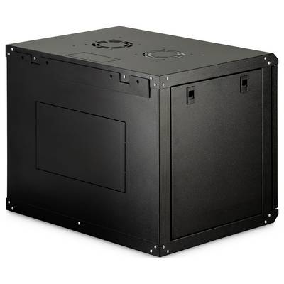 Ett svart serverrackskåp, sett från en vinkel, med slutna sidor och en ventil på toppen, vilket antyder användning i datahanteringsmiljöer.