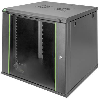 Ett svart serverrack med en glasfront och ett synligt lås. Skåpet har två ventilationsfläktar på ovansidan.