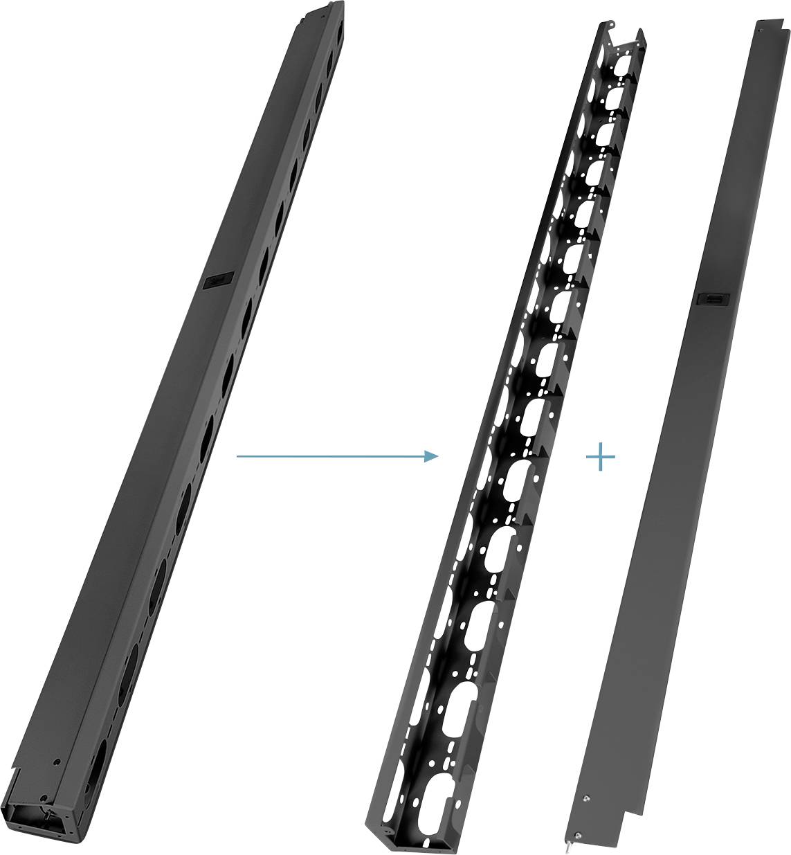 Tre svarta metalldelar till ett rack, inklusive ett monterat rack, en perforerad hållare och ett lock, visade var för sig.