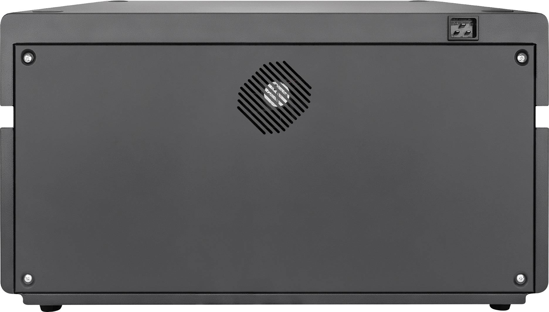 En grå server- eller datorlåda, avbildad framifrån, med ett ventilationsgaller och en strömbrytare uppe till höger.