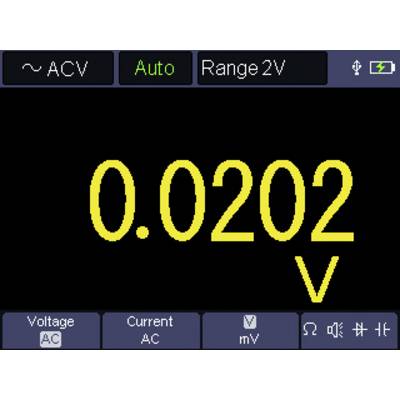 'Mätinstrumentet visar 0,0202 Volt i växelströmläge, automatisk inställning, mätområde 2 Volt.'