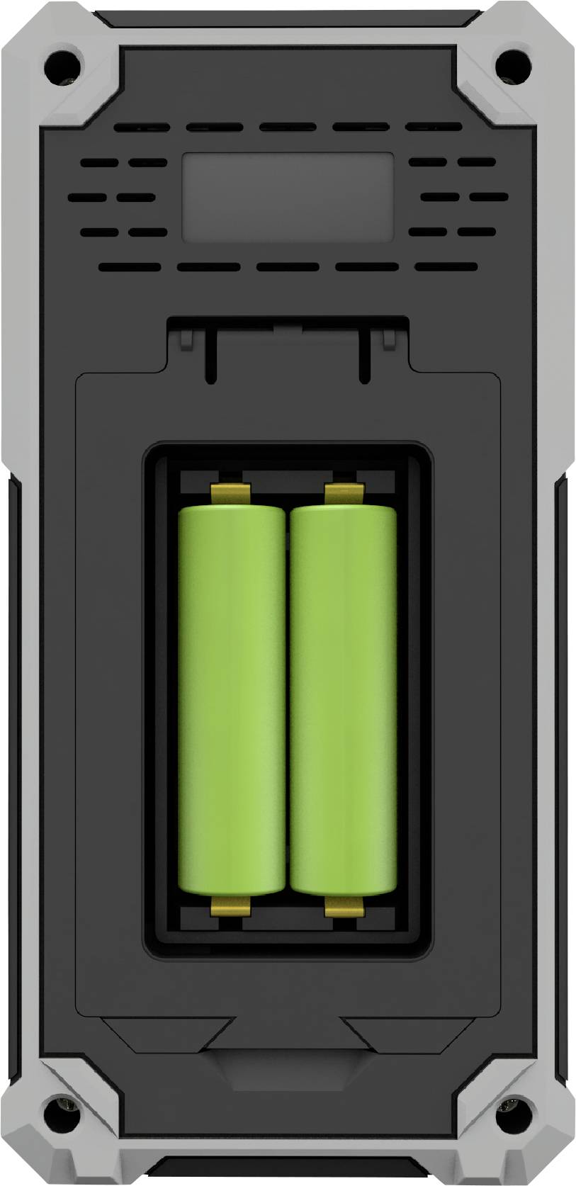 Två gröna batterier är installerade i ett rektangulärt, svart hölje med grå hörn. Höljet ser robust och industriellt ut.