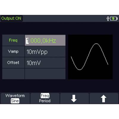 Bild av ett oscilloskop-display: Utmatning är 'PÅ'. Frekvens 1000,0 kHz, spänning 10 mVpp, offset 10 mV. Vågens form är sinusformad.