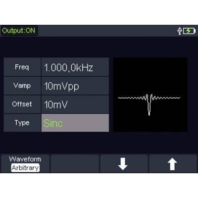 Skärm på en funktionsgenerator. 'Utgång: PÅ', Frekvens: 1,000,0 kHz, Spänning: 10 mVpp, Offset: 10 mV, Typ: Sinc. Vågformvisning till höger.