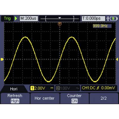Ett oscilloskop visar en gul, jämn sinusvåg med en frekvens på 999,9 Hz och en spänning på 12,0 V på kanal 1.