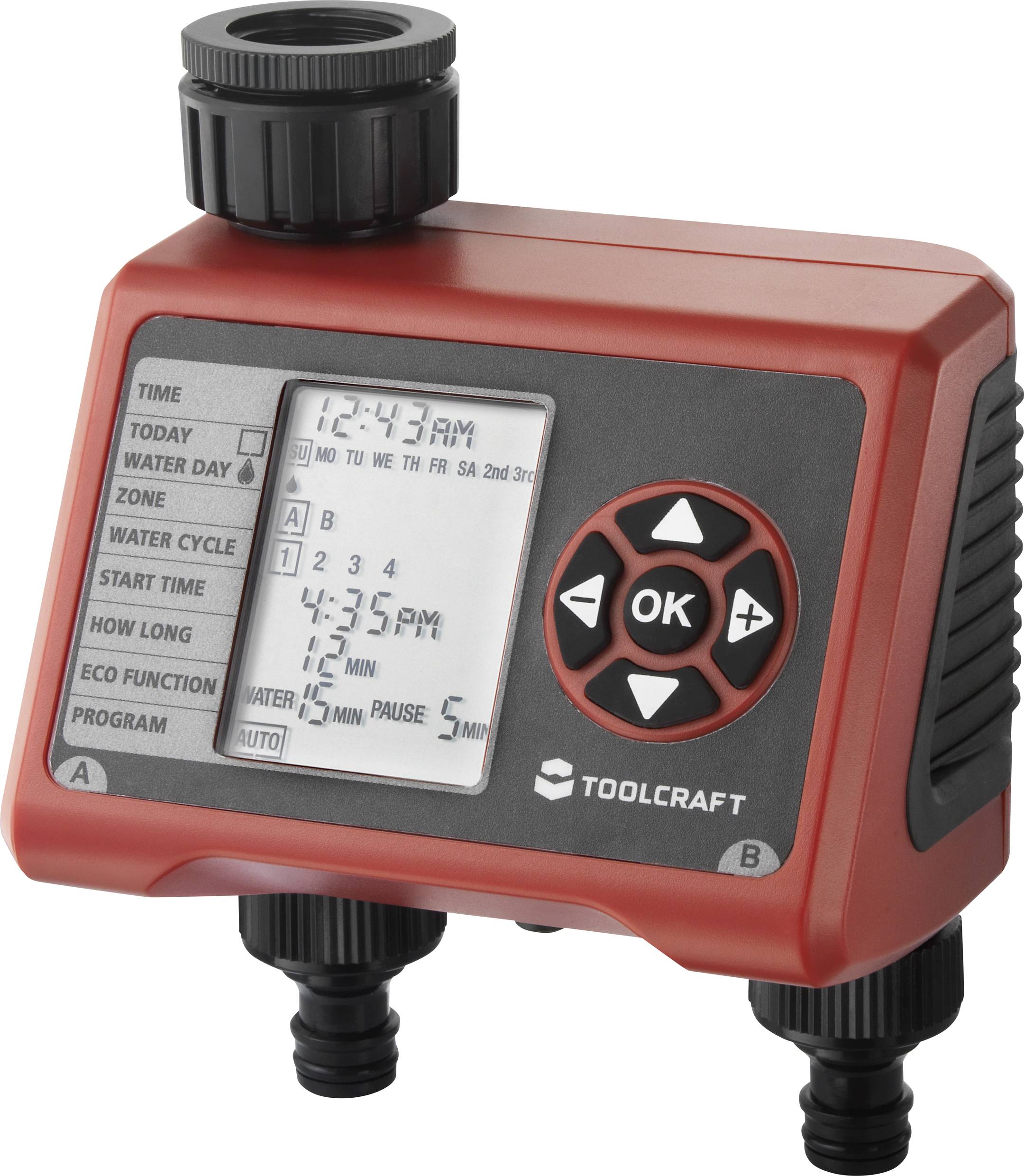 Bevattningsstyrenhet med digitalt display, tidsinställningar och manöverdon. Varumärket 'TOOLCRAFT' synligt.