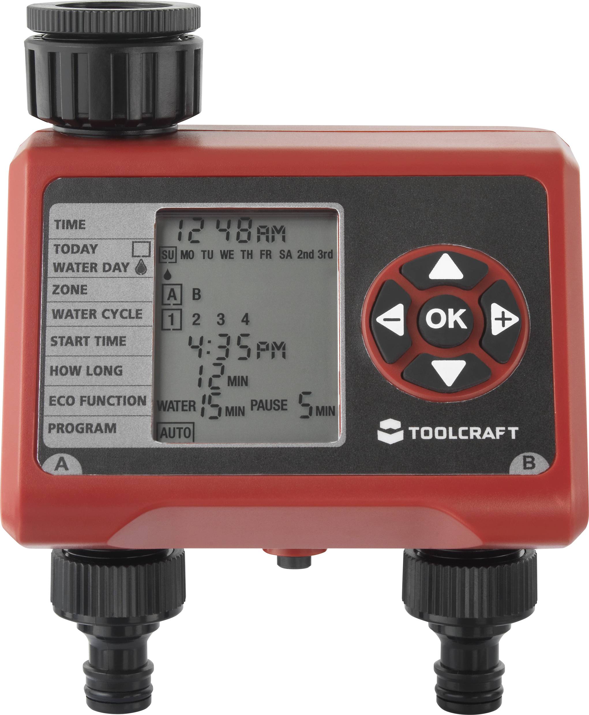 'En röd digital bevattningsdator visar tiden 12:48 FM. Den erbjuder inställningar för starttid, zoner, cykler och ECO-funktion.'