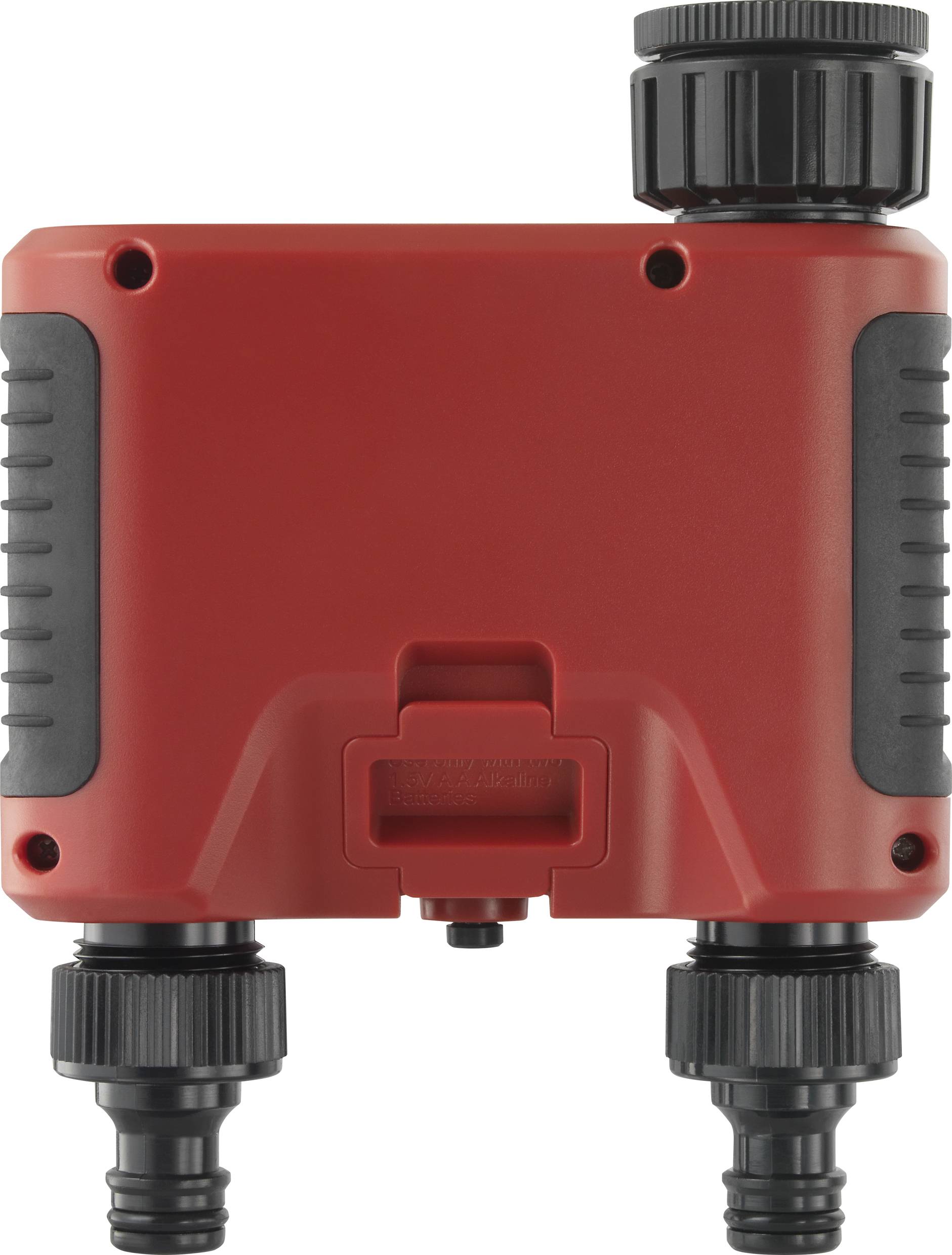 En röd, rektangulär trädgårdsventil med två svarta anslutningar nedtill, lämplig för automatisk vattning av växter.