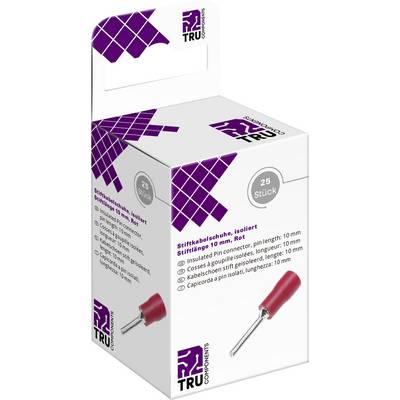Förpackning med 25 isolerade kabeländskor, 10 mm, röd. Innehåller produktdetaljer på flera språk och TRU Components-logotyp.