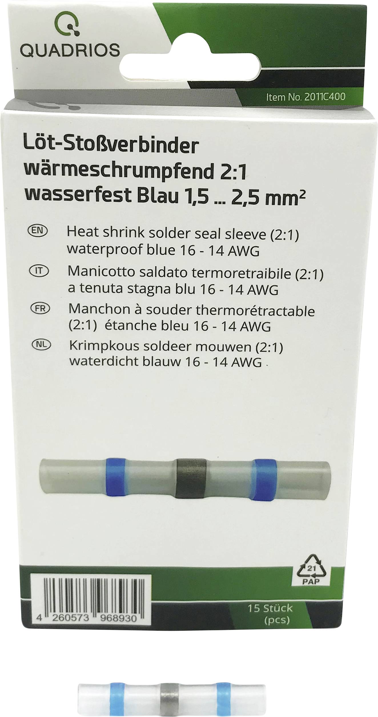 Quadrios Löt-Stoßverbinder, krympbar, vattentät, Blå, 1,5–2,5 mm², 15 stycken