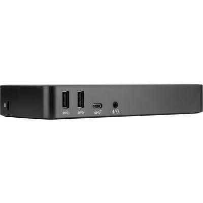 En svart dockningsstation med två USB 3.0-portar, en USB-C-port och en ljudutgång på framsidan.