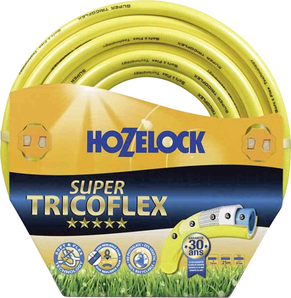 Hozelock Super Tricoflex gul trädgårdsslang, upprullad i en förpackning. Egenskaper: Teknologi, hållbarhet, återvinningsbart material.