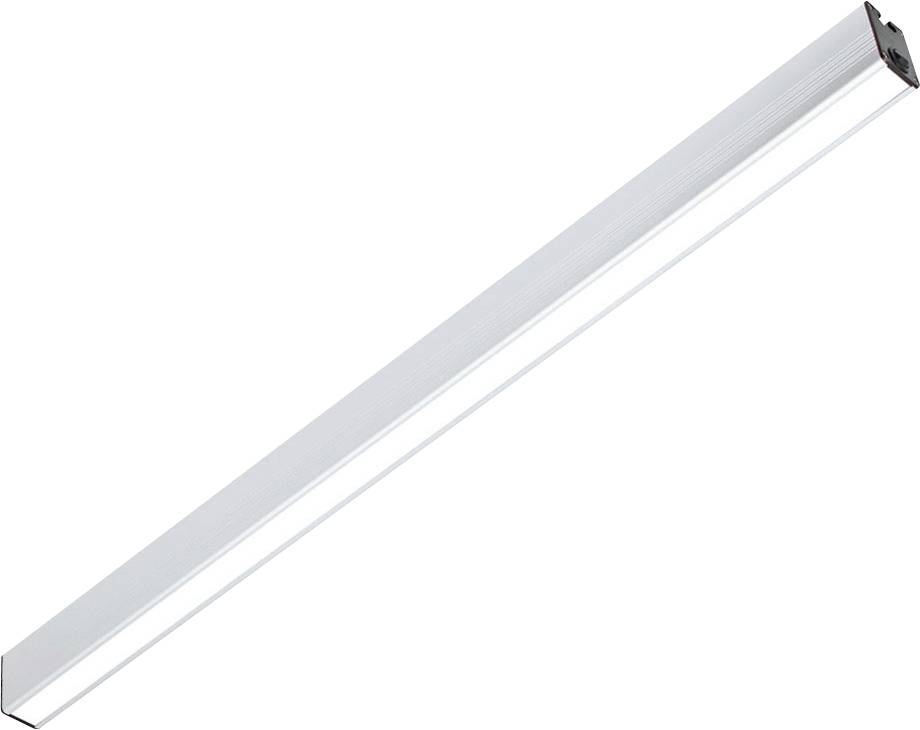 En lång, rektangulär LED-armatur med silvergrått hölje, lämplig för takmontering i kontorslokaler för jämn belysning.