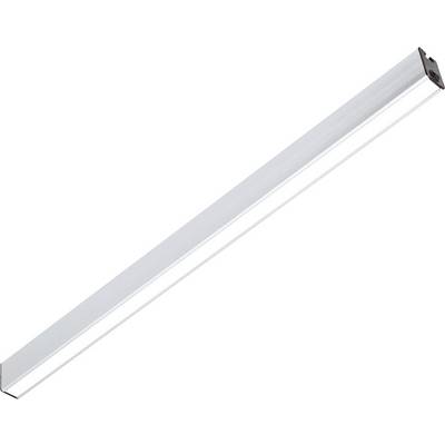 En lång, rektangulär LED-armatur med silvergrått hölje, lämplig för takmontering i kontorslokaler för jämn belysning.
