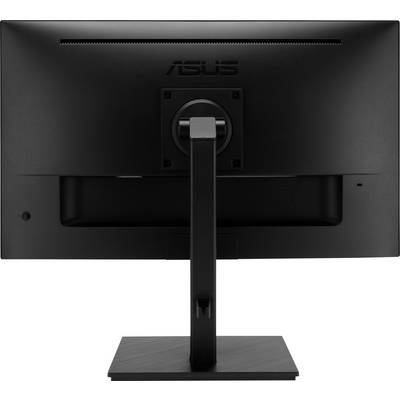Svart bildskärm sedd bakifrån, med fot och ASUS-logotyp högst upp.