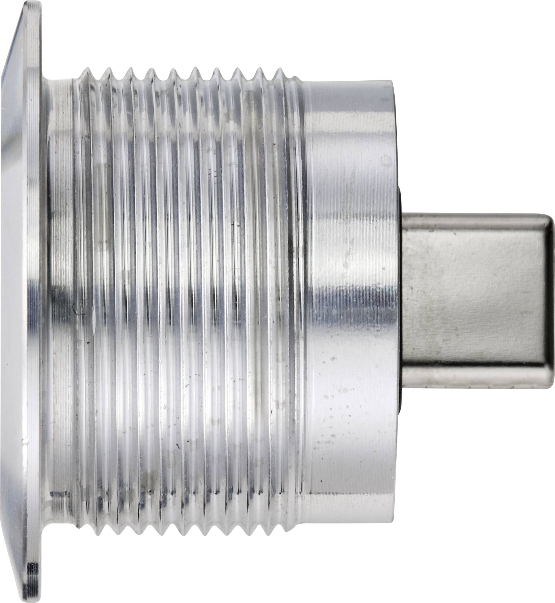 En cylindrisk metalldetalj med gänga och kvadratisk bas, sannolikt ett fästdon eller adapter för tekniska tillämpningar.