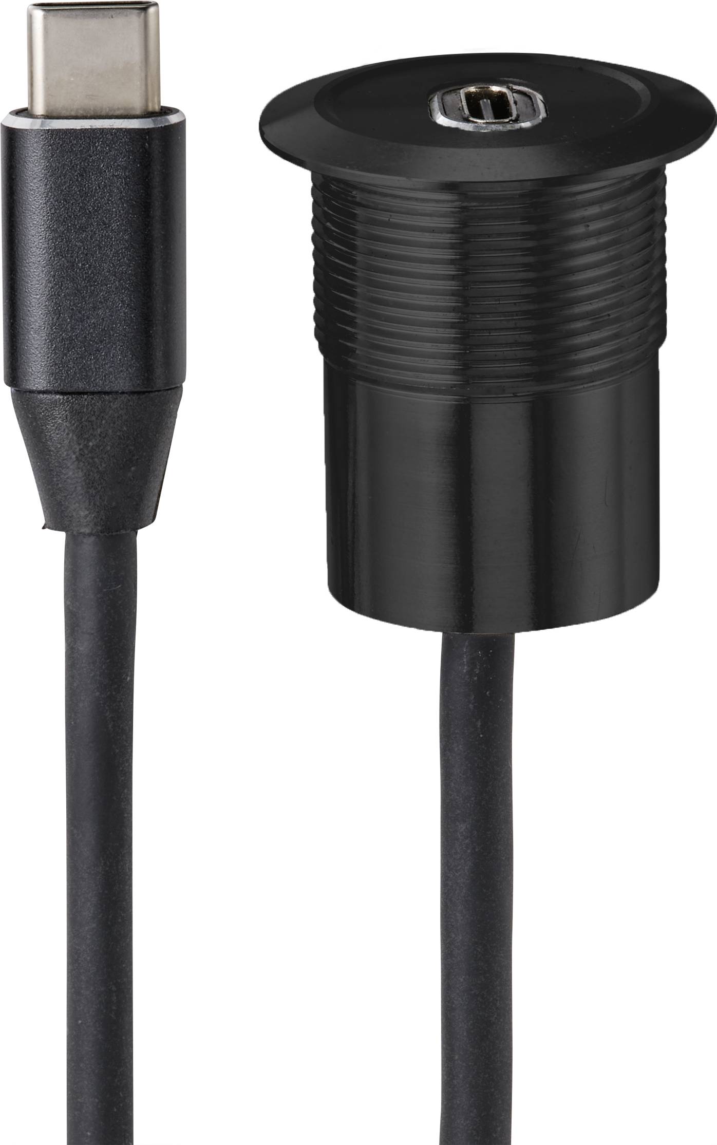 Svart kabel med USB-C-kontakt och matchande uttag, båda avsedda för elektronisk anslutning.