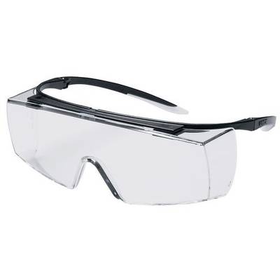 Ett transparent skyddsglasögon med svarta bågar som används för att skydda ögonen vid hantverksarbete.