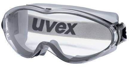 Skyddsglasögon med transparent ram och elastiskt band med 'uvex'-märkning. Designade för ögonskydd i industriella miljöer.