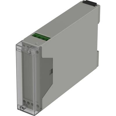 Kompakt, grå elektronisk styrenhet med klar täckning och gröna anslutningsklämmor synliga från sidan.