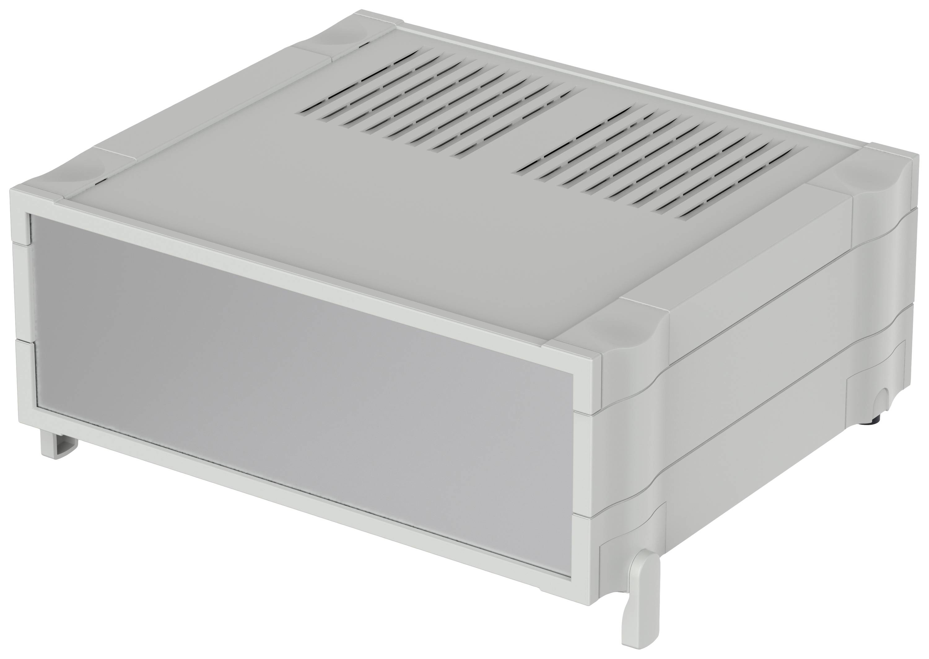 Ett ljusgrått rektangulärt elektronikfodral med ventilationsöppningar och robust plastdesign, lämpligt för tekniska tillämpningar.