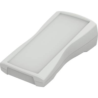 Grått plastfodral, ergonomiskt utformat, med slät yta. Möjligen avsett för elektroniska komponenter eller bärbara enheter.