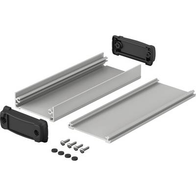 Aluminiumramsprofiler med svarta plaständstopp och skruvar, isärplockade och presenterade mot en vit bakgrund.
