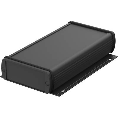 En rektangulär svart enhet med avrundade kanter och fästhål på undersidan, sannolikt ett elektroniskt hölje.