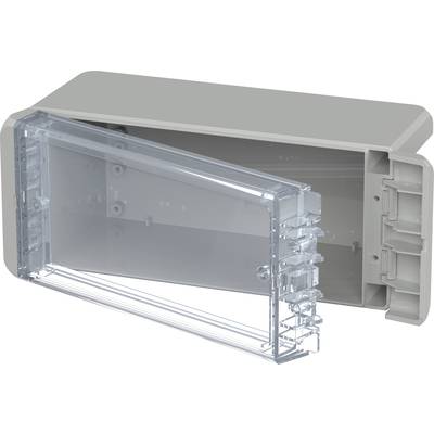 Grått plastfodral med transparent lock, delvis öppet, visar utrymmet för elektriska komponenter inuti.