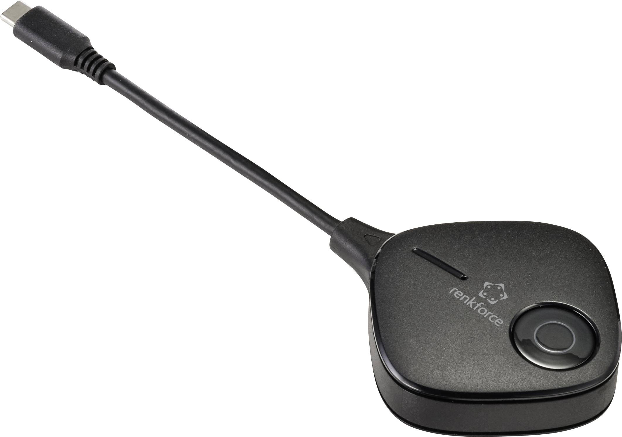 En svart trådlös HDMI-sändare med USB-C-anslutning. På framsidan finns en knapp. Enheten är lämplig för presentationer.