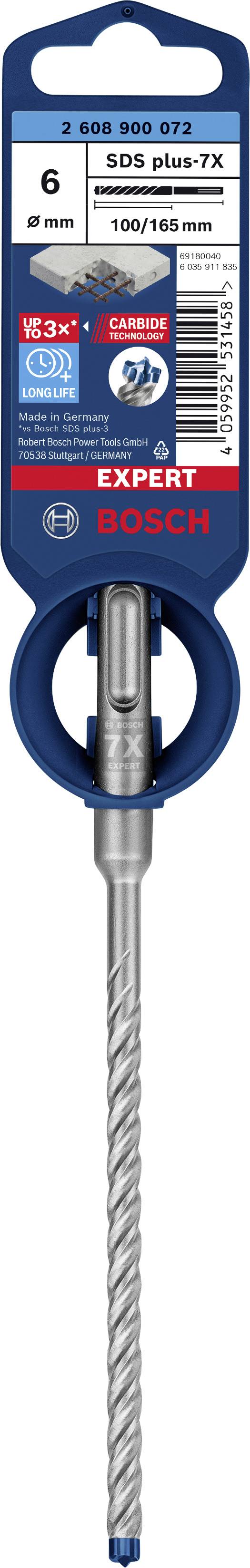 Borr 'Expert Bosch SDS plus-7X', för betong och armerad betong, 6 x 100/165 mm, förpackningen visar borrets spets och varumärkets logotyp.