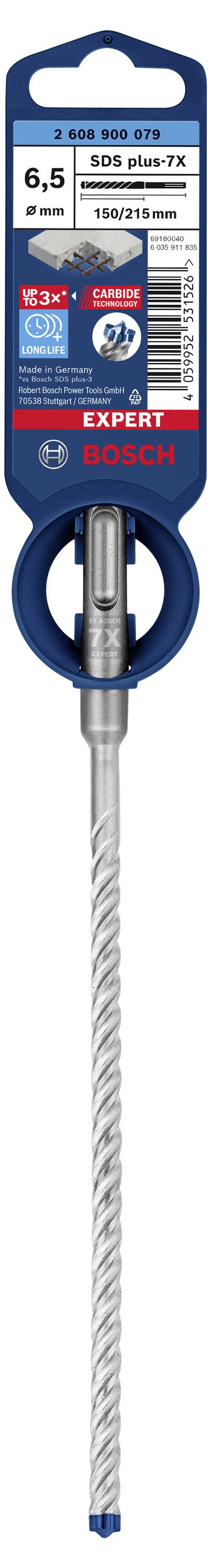 Bosch Expert betongborr 6,5 mm med SDS plus-7X design och spiralform. Förpackningen visar produktspecifikationer och varumärkets logotyp.
