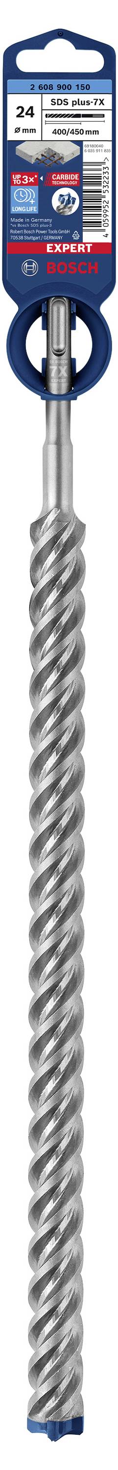 En grå borr med förpackning i blisterformat. Borren har spiralformade räfflor och marknadsförs för användning på betong.