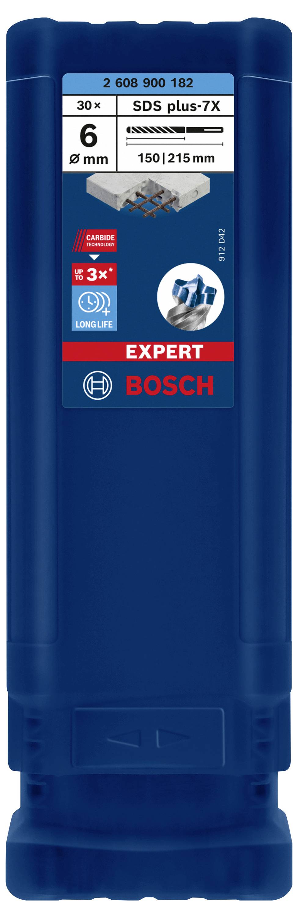 Borr-förpackning med information: 'SDS plus-7X', diameter 6 mm, längd 150/215 mm, antal 30, märke Bosch, Expert-serien.
