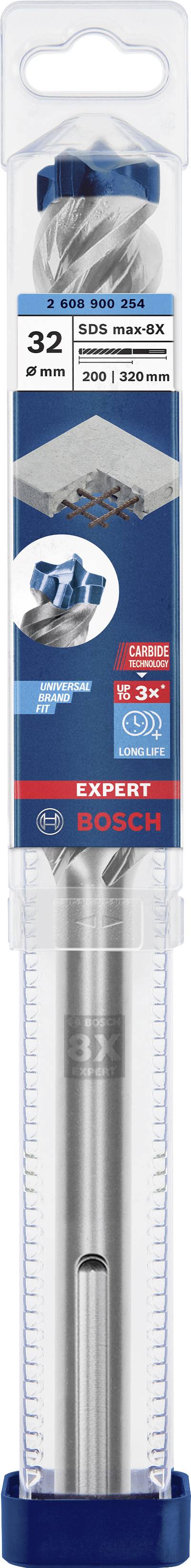 Förpackning för en Bosch borr '32 mm, TBM, betongplugg' med bild av borren, varumärkeslogotyp och viktiga specifikationer.