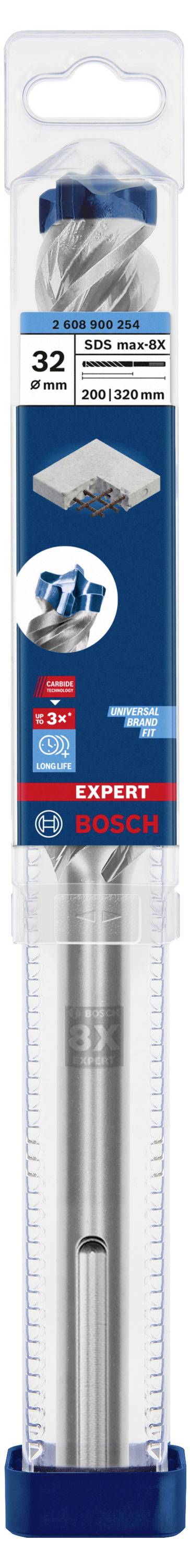 Borr i förpackning. Märkning 'Extremt hårt'. Lämplig för betong, mursten, tegel. SDS plus fäste, diameter 32 mm. Varumärke Bosch.