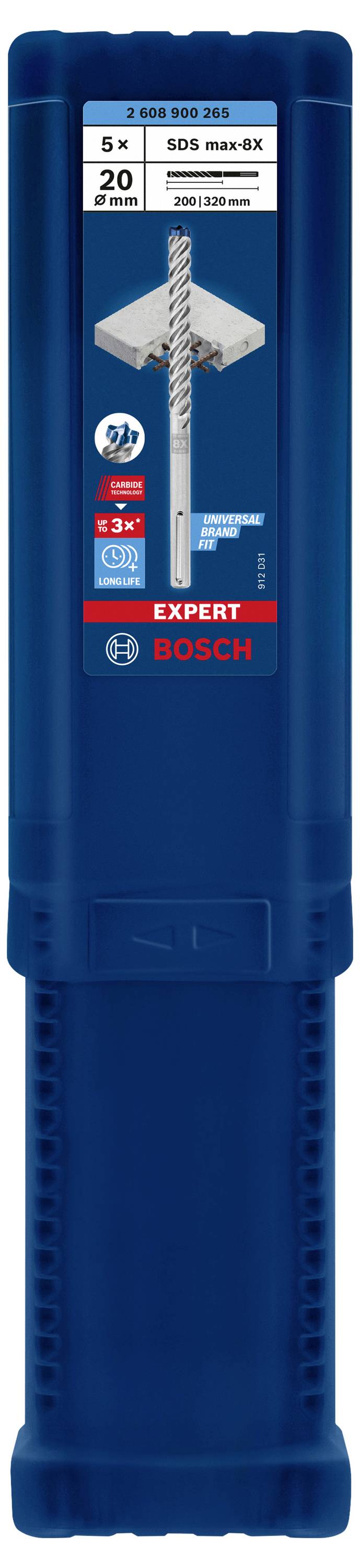 Blå förpackning med Bosch-logotypen, visar en borr lämplig för murbruk och betong, 5 stycken, 20 mm diameter, 200 mm användbar längd.