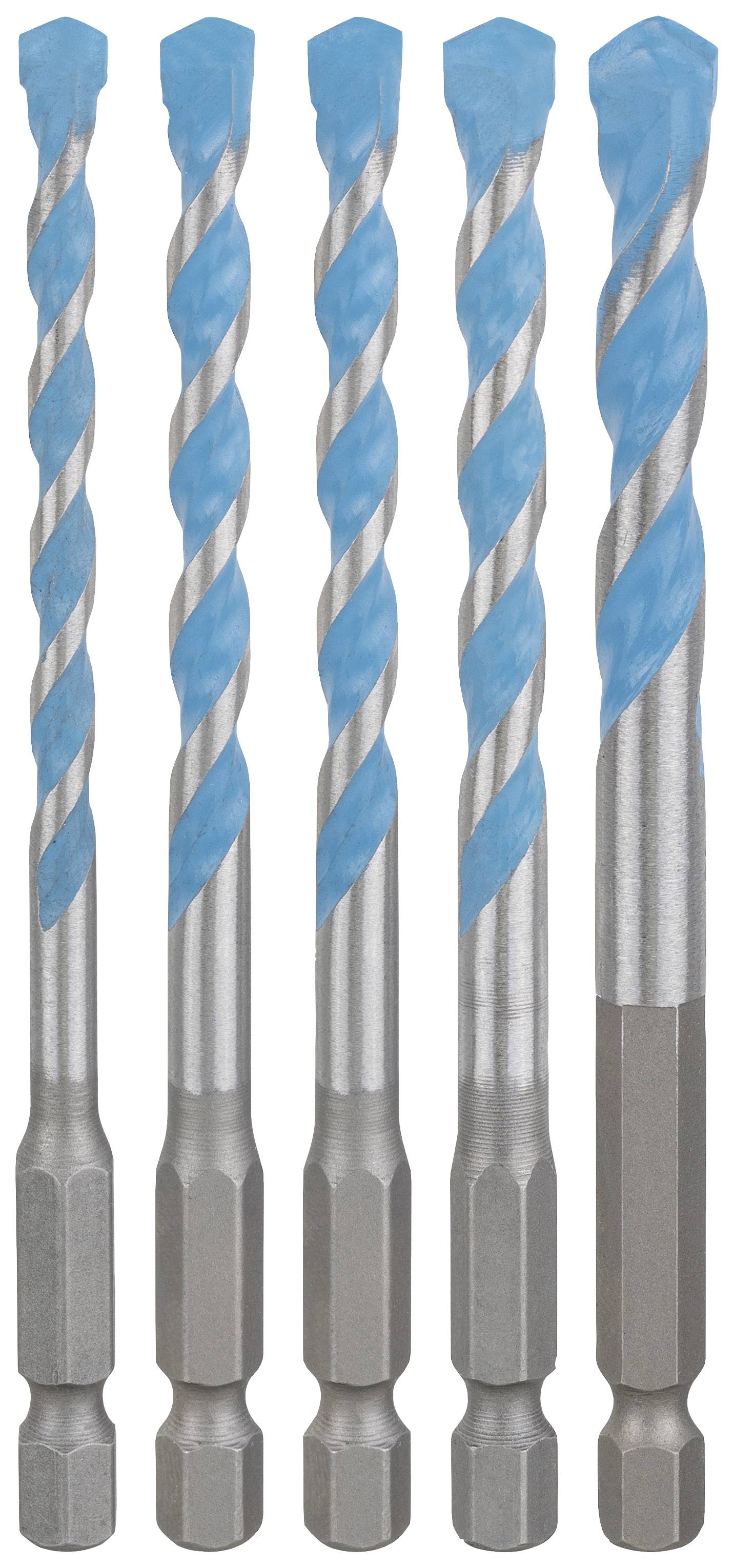 Fem borrar med blå-silvrig design, placerade lodrätt bredvid varandra, visar varierande storlekar på borrarnas spetsar.