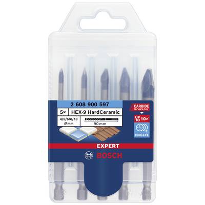 Bosch Expert HEX-9 HardCeramic Set: Fem 90 mm borrar för kakel, storlekar 4/5/6/8/10 mm, långlivade tack vare karbidfastteknologi.