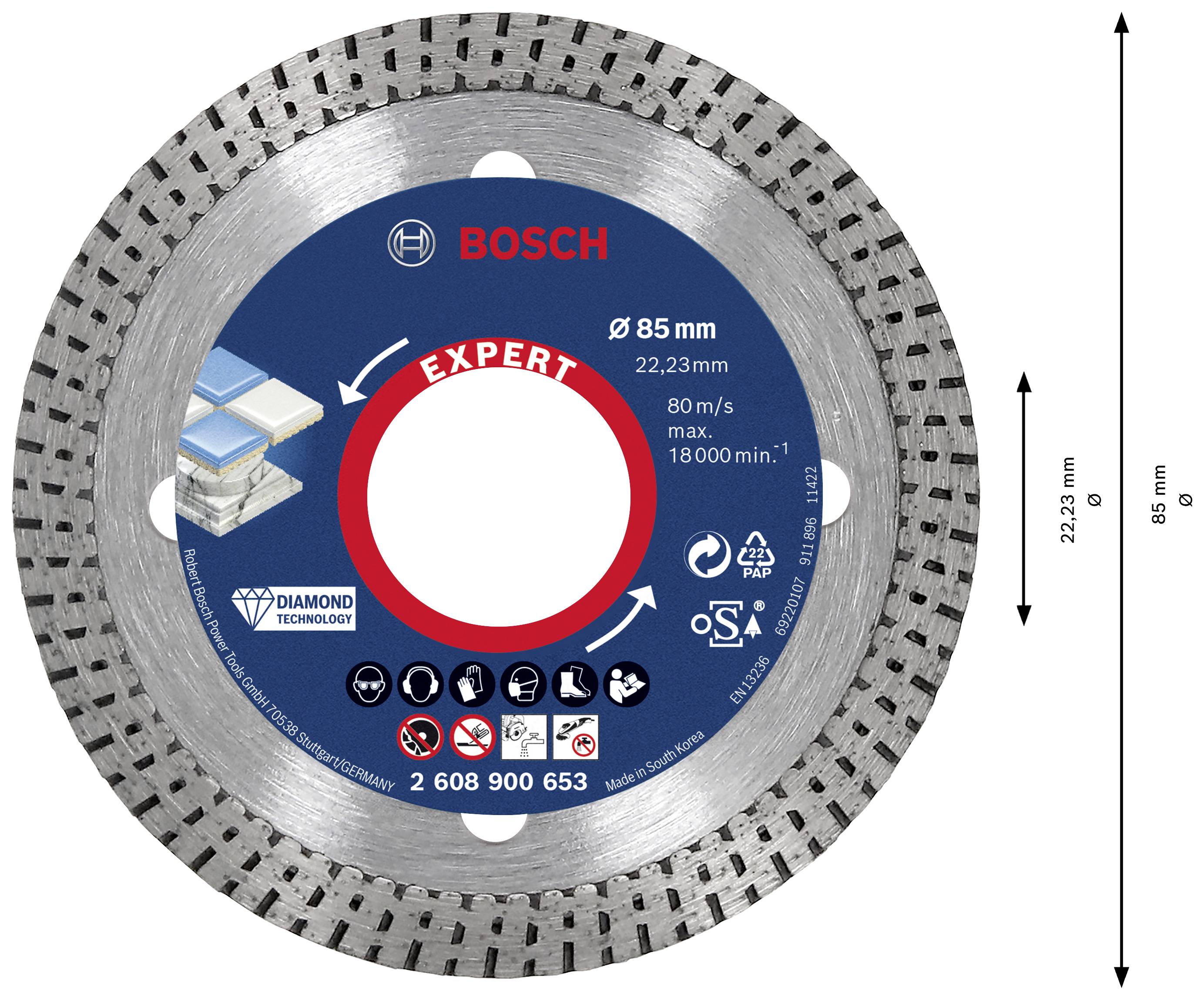 'Bosch Expert' diamantkapskiva, 85 mm diameter, för kakel och keramik, max. 18 000 varv/min, med symboler för säkerhetsanvisningar.