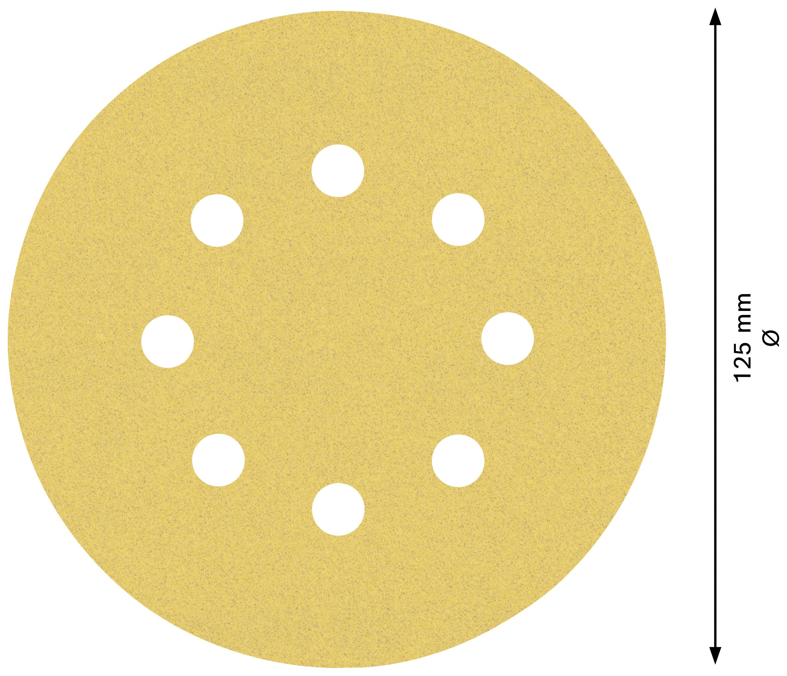 Ett runt, gult sandpapper med nio hål och en diameter på 125 mm.
