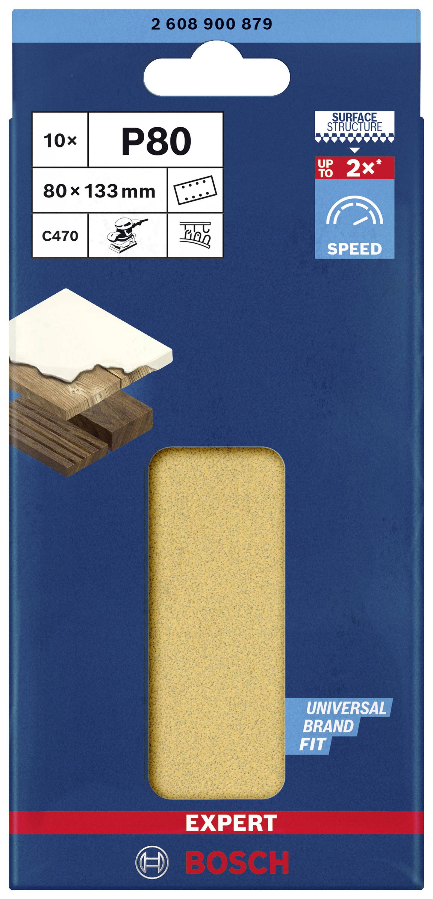 Förpackning av Bosch slippapper, kornstorlek P80, för trä och färg, storlek 80 x 133 mm, universell passform, innehåller 10 stycken.