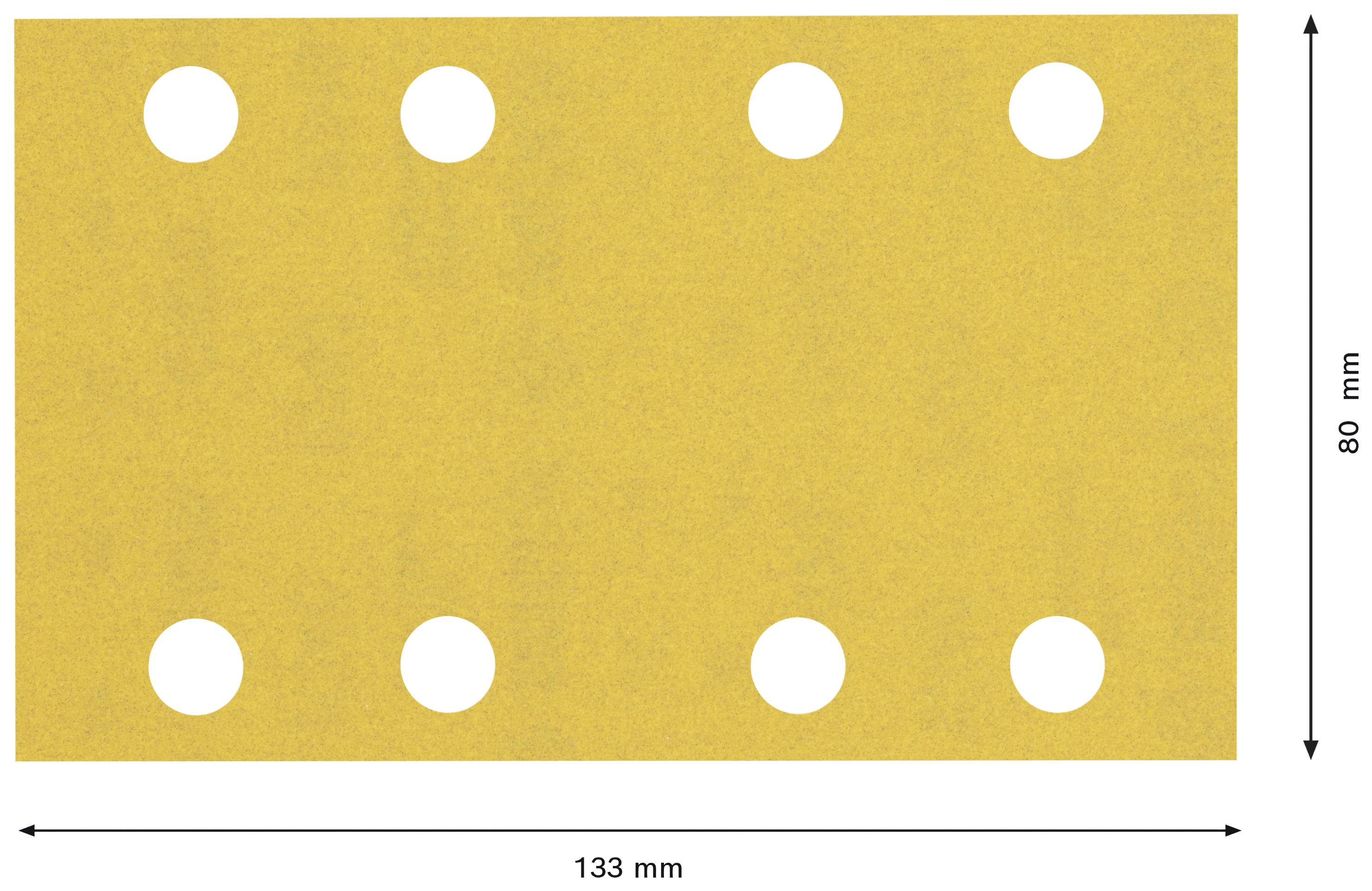 Gul rektangel med sex jämnt fördelade runda hål. Mått: 133 mm bredd, 80 mm höjd.