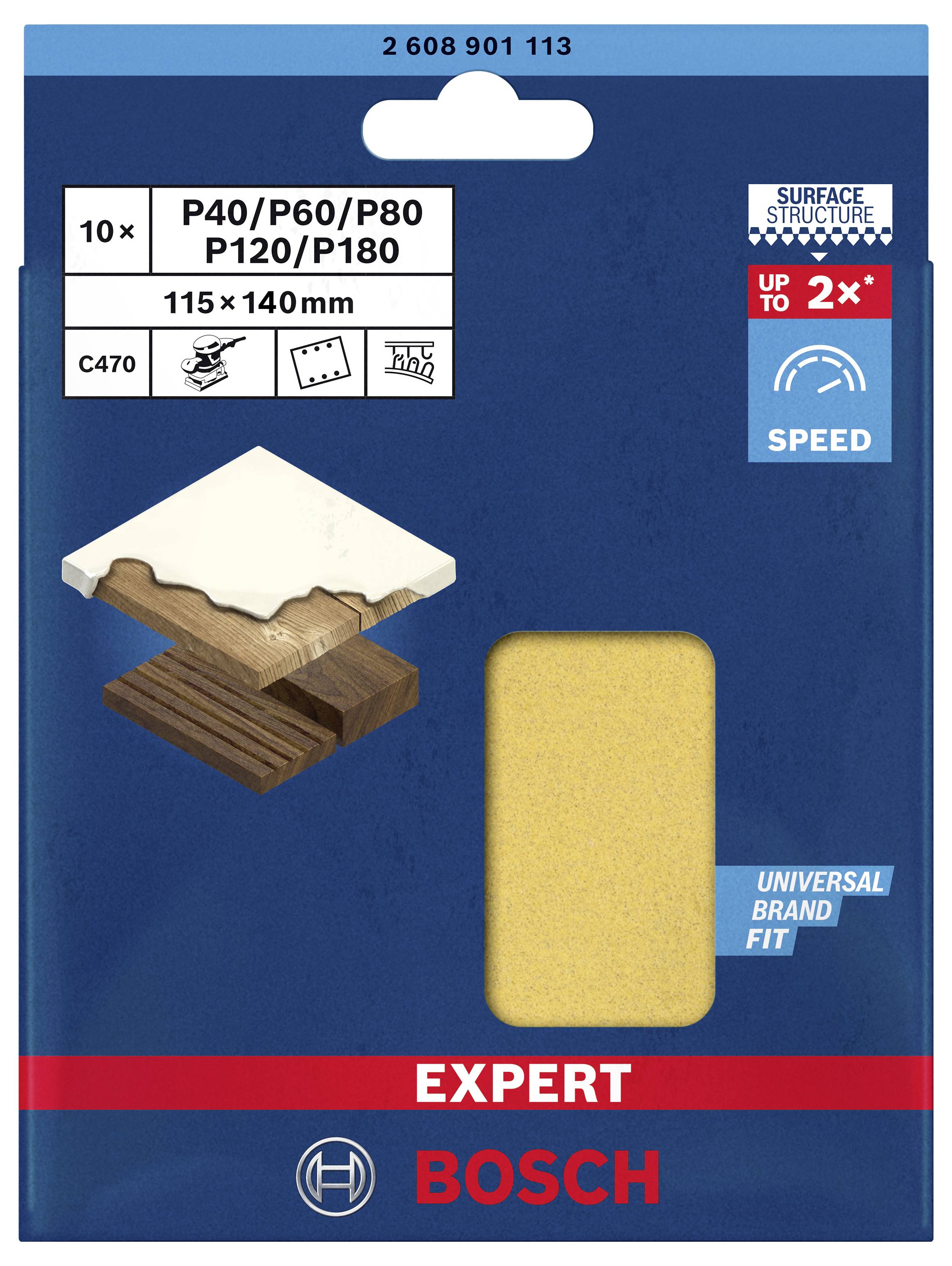 Förpackning med slipark för trä. Innehåller 10 ark i kornstorlekar P40, P60, P80, P120 och P180. Lämplig för 115 x 140 mm slipmaskin.