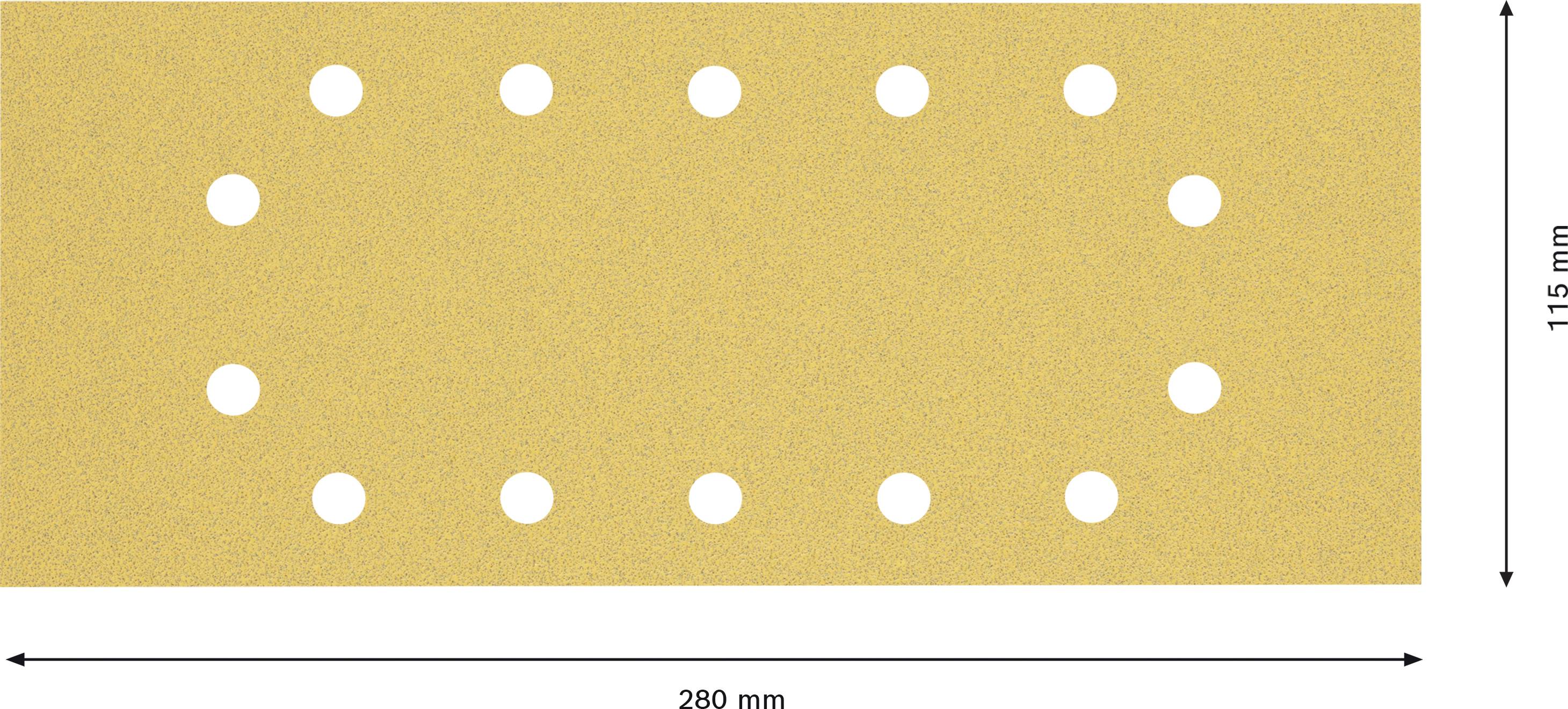 Rektangulärt slippapper med 20 runda hål, mått: 280 mm x 115 mm.
