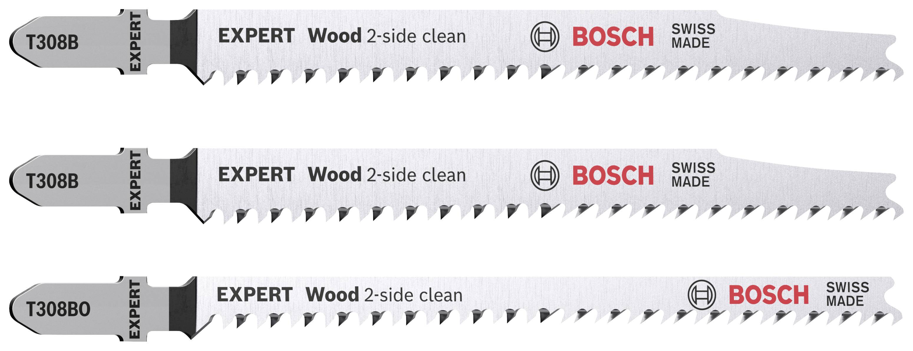 Tre Bosch-sågblad för trä, märkta: 'EXPERT Wood 2-side clean', 'SWISS MADE', modellnummer T308B0, tvåsidig skärning.
