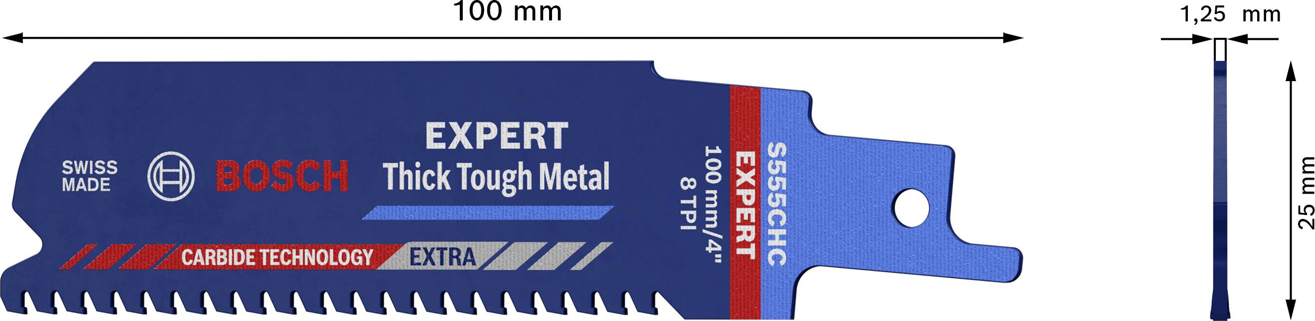Sågblad från Bosch för metall, längd 100 mm, tjocklek 1,25 mm, höjd 25 mm. Produktbeskrivning: 'EXPERT Thick Tough Metal'.