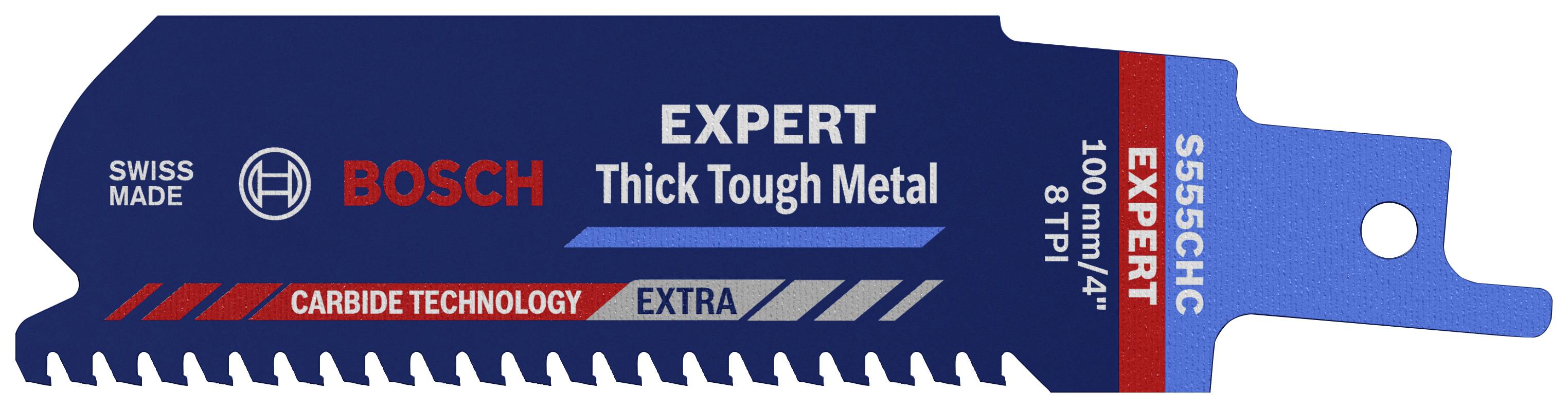 Sågblad för metallskärning, märke Bosch, 100 mm längd, 'Expert Thick Tough Metal', Schweiz-tillverkad, extra robust.